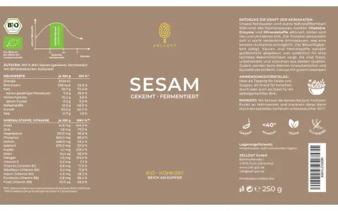 Bio-Sesam (gekeimt, fermentiert) ist gesund. Reich an Kupfer, Eisen und Vitaminen. Perfekt für Salate, Suppen oder Brot.