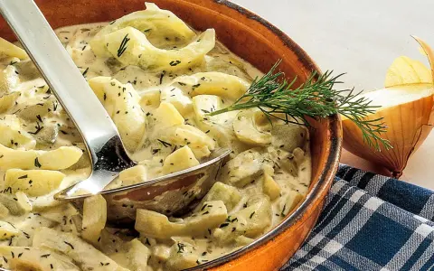 Schmorgurken in cremiger Soße mit Dill, daneben eine Zwiebel. So sehen sie aus, lecker und appetitlich.