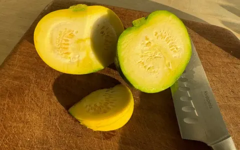 Zwei Hälften und ein Stück gelbe Zucchini liegen auf einem Holzbrett neben einem Messer.