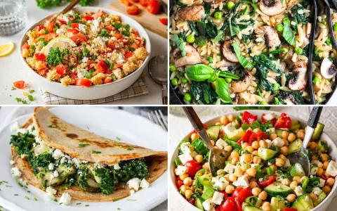 Vier leckere Gerichte: Couscous-Salat, Nudelpfanne mit Pilzen, gefüllter Crêpe und Kichererbsensalat. Perfekt für gesund kochen rezepte!
