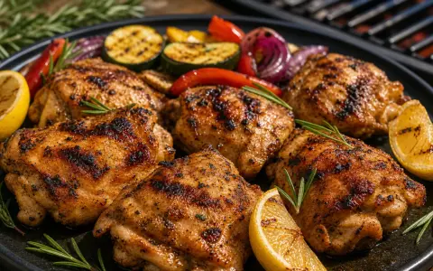 Saftiges pollo fino grillen mit gegrilltem Gemüse, Zitrone und Rosmarin auf einem Teller.