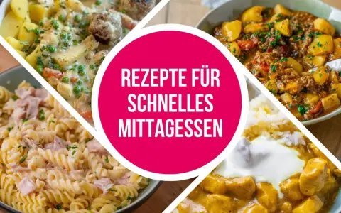 Vier leckere Gerichte für ein schnelles Mittagessen: Frikadellen mit Kartoffeln, Gulasch, Nudeln mit Schinken und Curry.