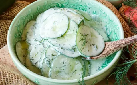 Frischer gurkensalat mit saurer sahne und dill, serviert in einer grünen schüssel.