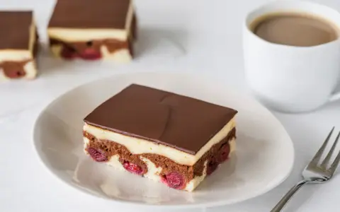 Ein Stück Donauwelle-Kuchen mit Kirschen, Schokolade und Vanillecreme. Perfekt für ein Donauwelle Rezept.