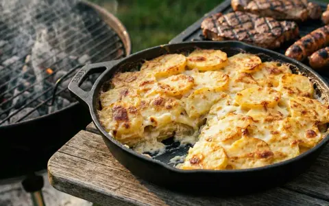 Herzhaftes Kartoffelgratin im Gusseisen, perfekt für ein Grillfest. Ein köstliches Kartoffelgratin Rezept, das zu Steaks und Würstchen passt.