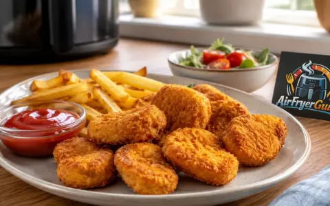 Knusprige chicken nuggets mit Pommes und Ketchup, perfekt aus der Heißluftfritteuse.