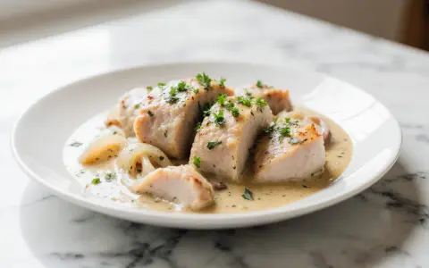 Zartes Geschnetzeltes mit cremiger Sauce und Zwiebeln, garniert mit Petersilie. Ein einfaches und köstliches Rezept.