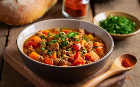 Herzhafte bauernpfanne mit kartoffeln und ei, garniert mit Petersilie. Daneben ein Brot und Gewürze.