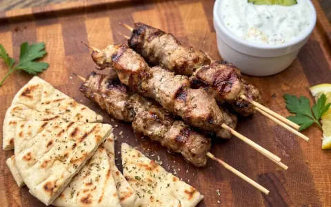 Gegrillte Souvlaki-Spieße mit Schweinefleisch, dazu Pitabrot, Tzatziki und Zitrone.