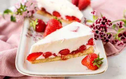 Ein Stück cremiger Erdbeerkuchen, der an Omas beste Kuchen Rezepte erinnert, mit frischen Erdbeeren und Blumen dekoriert.