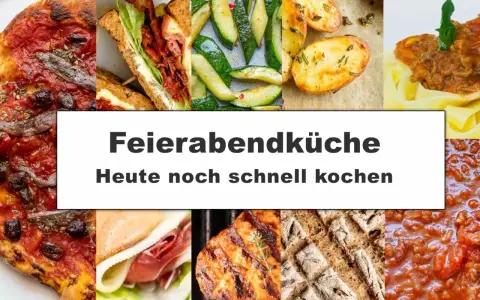 Collage mit Pizza, Sandwich, Zucchini, Kartoffeln, Pasta und Brot. Perfekt für schnelle Gerichte nach Feierabend.