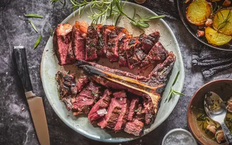 Saftiges, perfekt gegrilltes Bistecca alla Fiorentina, aufgeschnitten und mit Rosmarin garniert, daneben knusprige Kartoffeln.