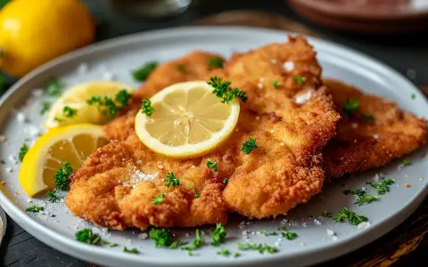 Ein knuspriges Wiener Schnitzel, garniert mit Zitronenspalten und Petersilie, wartet auf den Genuss.