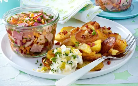 Herzhaftes Mittagessen nach Omas Rezepten: Bratkartoffeln mit Ei-Remoulade und deftiger Wurstsalat im Glas.