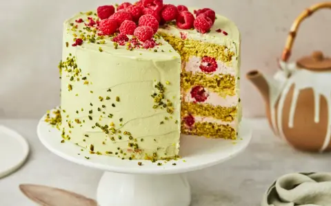 Himbeer Pistazien Torte mit frischen Beeren und knackigen Pistazien. Ein Stück ist angeschnitten und zeigt die saftige Füllung.