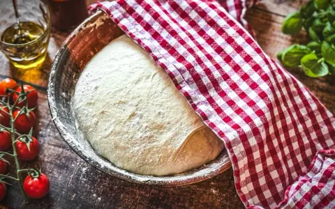 Pizzateig original rezept von einem italienischen gastronomen ruht in einer Schüssel, bedeckt mit einem rot-weißen Tuch. Tomaten und Olivenöl daneben.