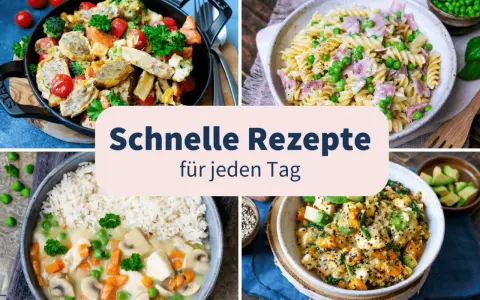 Vier leckere, leichte Sommergerichte: Pfanne mit Gemüse und Wurst, Nudeln mit Erbsen und Schinken, Hähnchen mit Reis und Pilzen, Quinoa-Bowl mit Avocado.