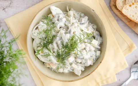 Hausfrauenart Heringssalat, ein cremiges Rezept wie von Oma, garniert mit frischem Dill.