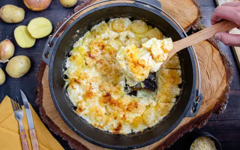 Cremige Kartoffeln im Dutch Oven, goldbraun gebacken. Eine Hand hebt mit einem Holzlöffel eine Portion heraus.