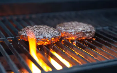 Zwei Burger-Patties auf einem Gasgrill, die Flammen lecken an ihnen hoch. Die richtige Temperatur ist entscheidend für das perfekte Burger-Grillen.