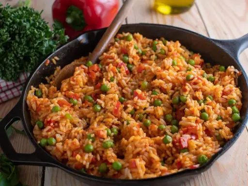 Djuvec Reis mit Erbsen und Paprika in einer Gusseisenpfanne, bereit zum Servieren.