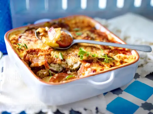 Herzhaftes Moussaka Rezept Original Griechisch, goldbraun überbacken mit Käse und frischen Kräutern, serviert in einer Auflaufform.