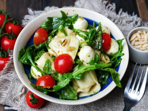 Ein köstlicher tortellini salat mit pesto, garniert mit Kirschtomaten, Mozzarella-Kugeln und Pinienkernen.
