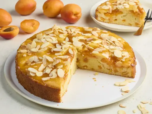 Saftiger aprikosenkuchen mit frischen aprikosen und Mandelblättchen bestreut, ein Stück auf einem Teller daneben.