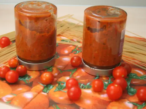 Zwei Gläser mit Tomatensoße, umgeben von frischen Tomaten und Spaghetti. Perfekt für die Tomaten haltbar machen.