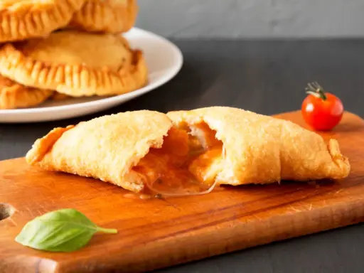 Leckeres Panzerotti-Rezept im Ofen, gefüllt mit Tomaten und Käse. Ein goldbrauner Teig, der auf einer Holzplatte mit Basilikum und Kirschtomate serviert wird.