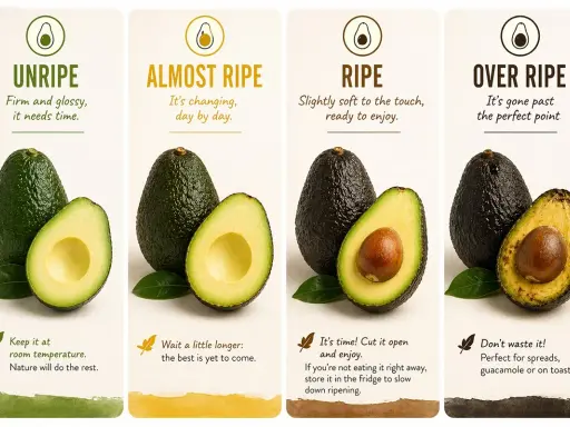 Avocados in verschiedenen Reifestadien: unreif, fast reif, reif und überreif. Tipps, wie man Avocados reifen lassen kann.