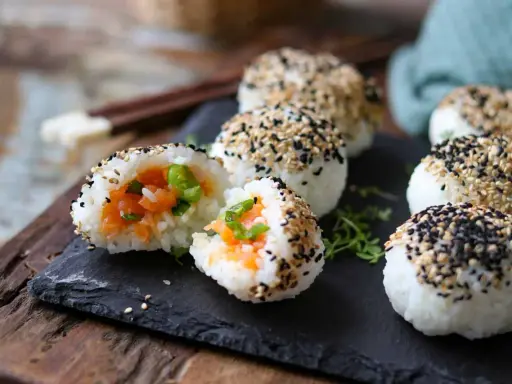 Leckere Onigiri selber machen: Reisbällchen mit Lachsfüllung, umhüllt von schwarzem und weißem Sesam.