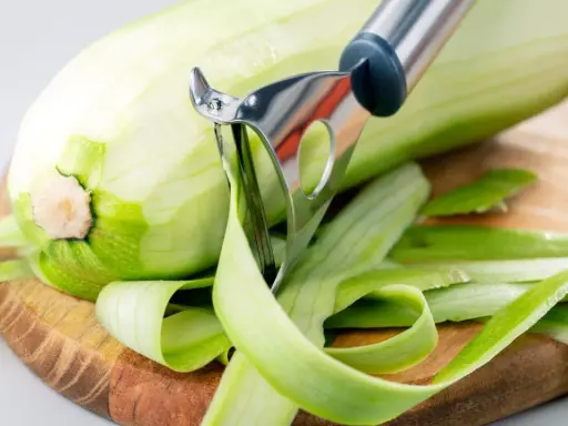 Zucchini wird geschält, aber man kann Zucchini mit Schale essen. Die grünen Streifen der Schale liegen auf dem Holzbrett.