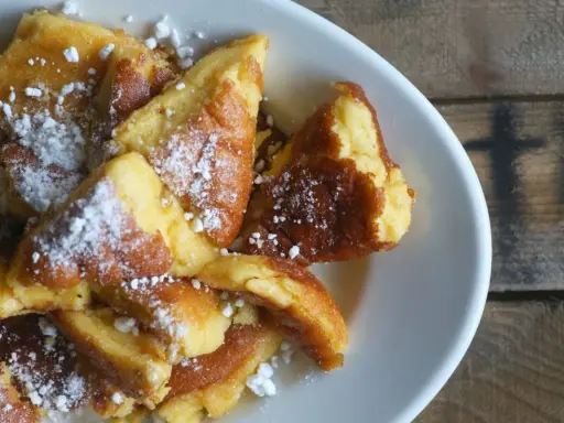 Ein Teller mit goldbraunem Kaiserschmarrn, bestäubt mit Puderzucker. Dieses Kaiserschmarrn Rezept ist ein Genuss!