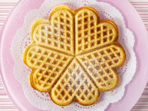Herzförmige Waffeln ohne Ei, bestäubt mit Puderzucker, auf einem rosa Teller mit Spitzendeckchen.