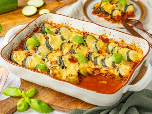 Herzhafter Zucchini Hackfleisch Auflauf mit geschmolzenem Käse und frischem Basilikum, bereit zum Servieren.