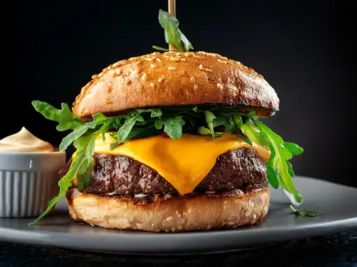 Saftiger Wagyu Burger mit geschmolzenem Käse, Rucola und einer Beilage Sauce. Ein perfektes Wagyu Burger Rezept für Genießer.
