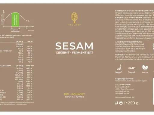 Bio-Sesam (gekeimt, fermentiert) ist gesund. Reich an Kupfer, Eisen und Vitaminen. Perfekt für Salate, Suppen oder Brot.