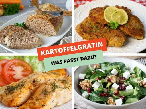 Vier Bilder zeigen Gerichte: Hackbraten, Schnitzel, Lachs und Salat. Was passt zu Kartoffelgratin vegetarisch?