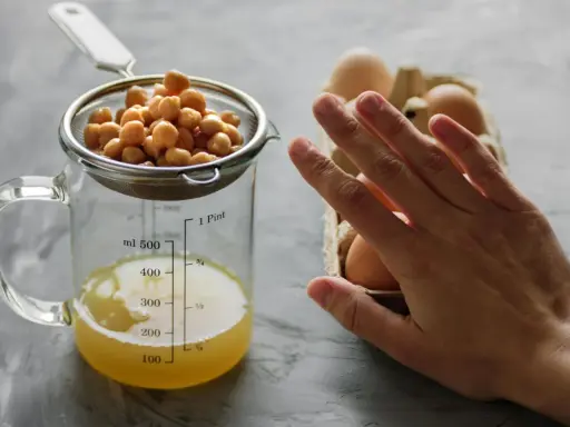 Kichererbsenwasser in einem Messbecher und Eier im Karton. Perfekt für veganes ei ersatz backen.