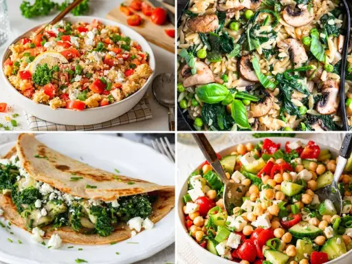 Vier leckere Gerichte: Couscous-Salat, Nudelpfanne mit Pilzen, gefüllter Crêpe und Kichererbsensalat. Perfekt für gesund kochen rezepte!