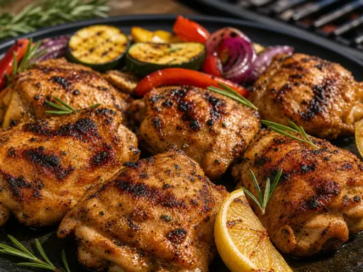 Saftiges pollo fino grillen mit gegrilltem Gemüse, Zitrone und Rosmarin auf einem Teller.