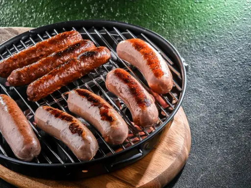 Mehrere Bratwürste brutzeln in der Pfanne auf einem Grill.