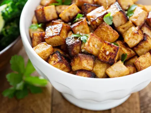Knusprig gebratene Tofuwürfel in einer Schüssel, garniert mit Petersilie. Eine gesunde und leckere Option!