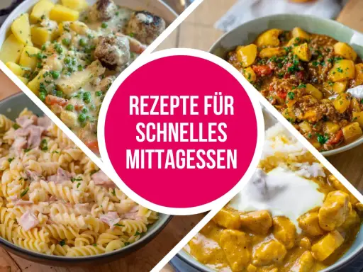 Vier leckere Gerichte für ein schnelles Mittagessen: Frikadellen mit Kartoffeln, Gulasch, Nudeln mit Schinken und Curry.