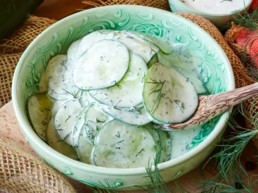 Frischer gurkensalat mit saurer sahne und dill, serviert in einer grünen schüssel.