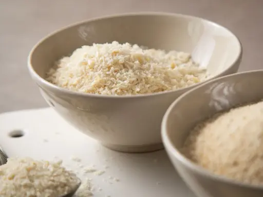Zwei Schalen mit Paniermehl. Der sichtbare Unterschied zwischen Panko und normalem Paniermehl wird hier deutlich.