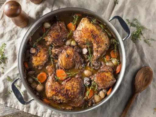 Herzhaftes Coq au Vin Rezept Original: Hähnchenteile schmoren in Rotwein mit Karotten, Zwiebeln und Pilzen. Ein Klassiker!