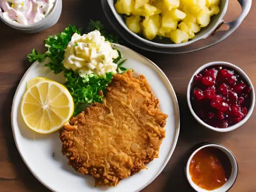 Ein knuspriges Wiener Schnitzel mit Preiselbeeren, Kartoffelsalat und Zitrone auf einem Teller. Daneben eine Schüssel mit Kartoffeln und eine kleine Schale mit Sauce.