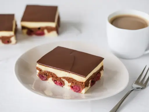 Ein Stück Donauwelle-Kuchen mit Kirschen, Schokolade und Vanillecreme. Perfekt für ein Donauwelle Rezept.